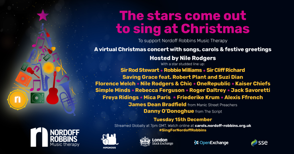 A poster for nordoff robbins music therapy showing musical christmas tree and colour text